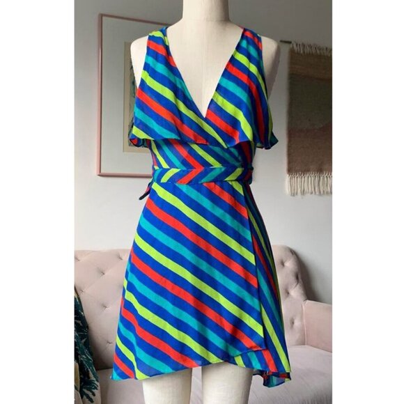 Urban Outfitters Cooperative Rainbow Striped Wrap Short Summer Dress Kidcore - Picture 2 of 8
